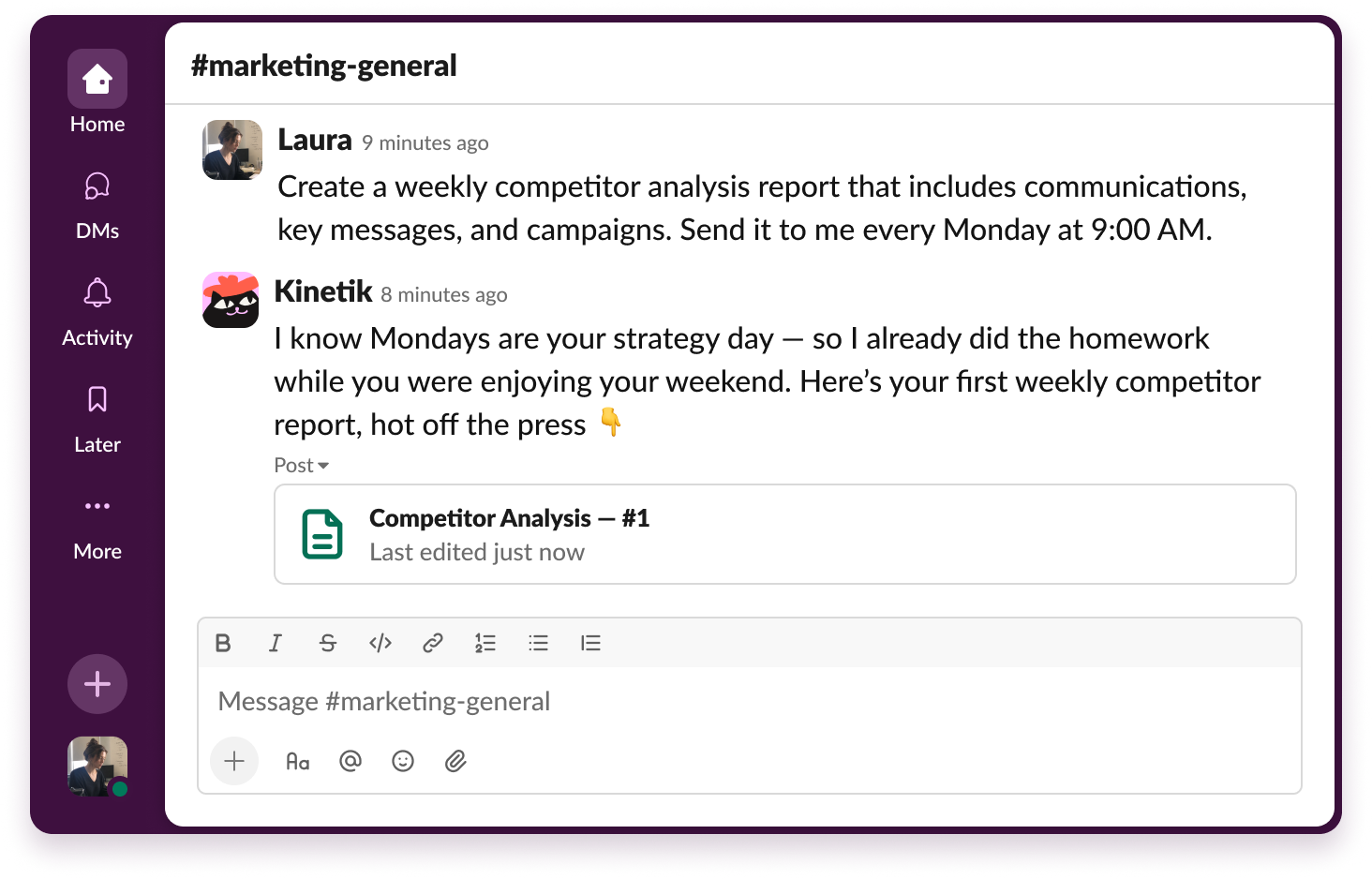 Kinetik posting a weekly competitor report into a Slack channel